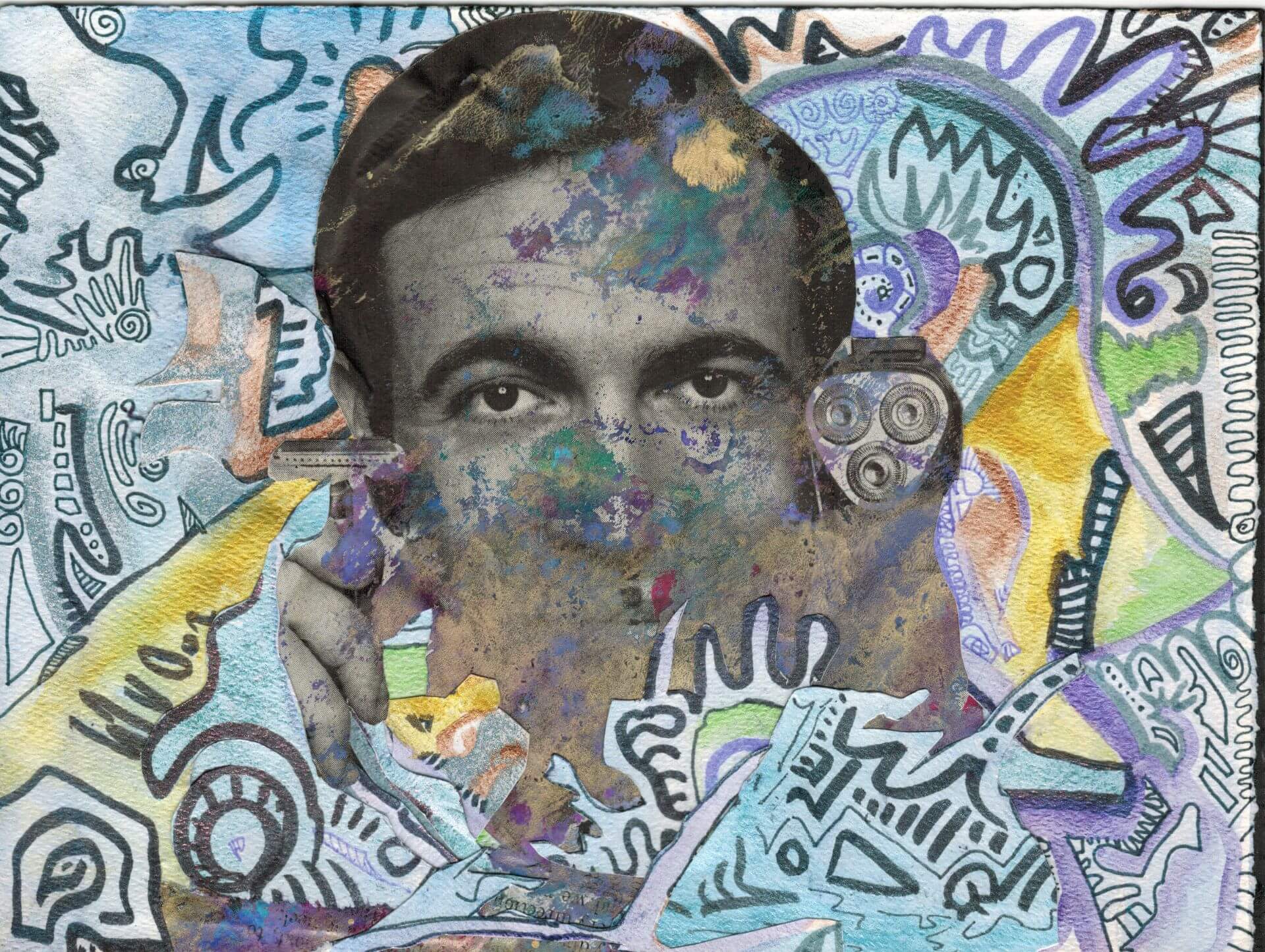 A funky example of Jamie's mixed media art. It has a b&w man's face center with blue and purple Keith Haring style doodles around him