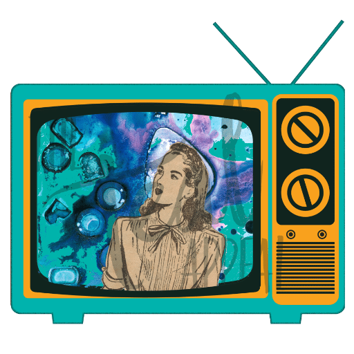 Collage cartoon tv from the 80s with a collaged illustration of a woman from the 40s with a teal background sticker
